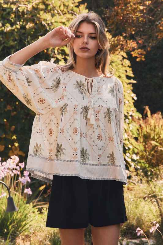 Tropical Printed Woven Peasant Blouse