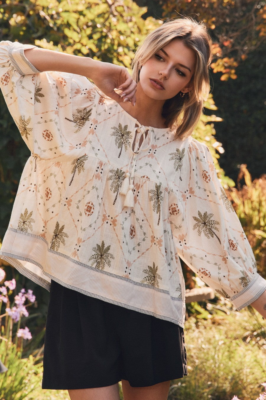 Tropical Printed Woven Peasant Blouse
