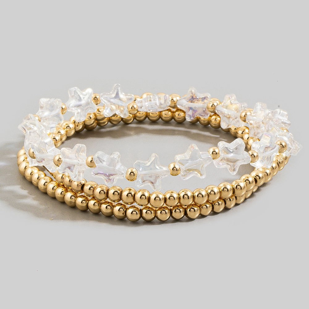 Patriotic Star Bead & Gold Ball Stretch Bracelet Set