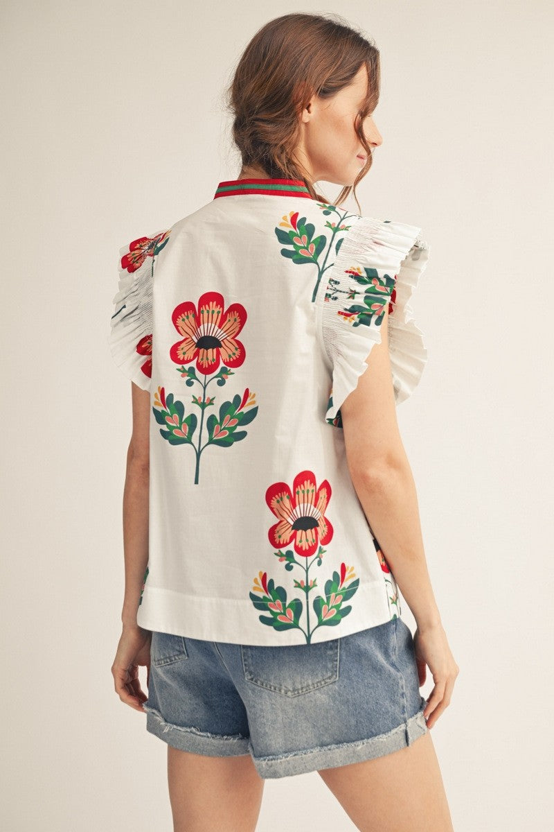 Ruffled Sleeves Floral Print Woven Top