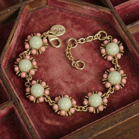 Vintage Gold-Plated Natural Amazonite & Pink bead Bracelet