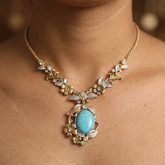 Vintage 18K Gold Plated Turquoise Floral Pendant Necklace