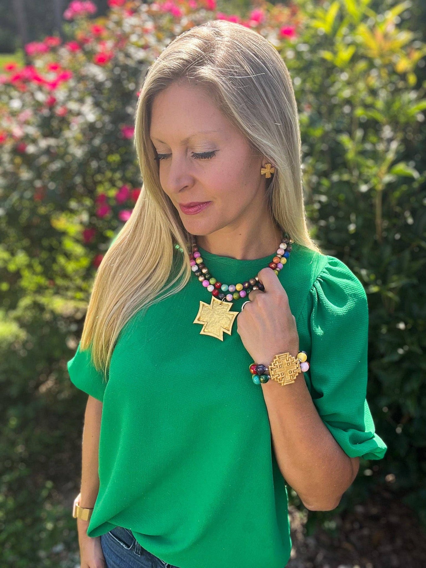 Multicolored Jade Double Strand with Jerusalem Cross Bracele