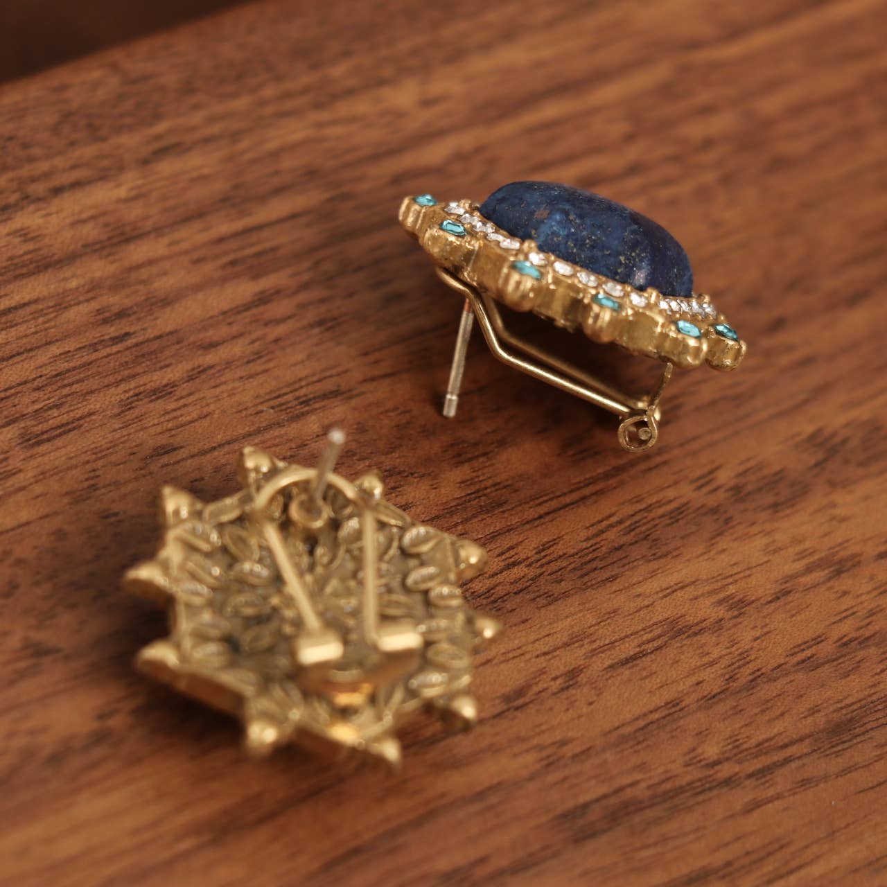 Vintage 18K Gold-Plated Lapis Lazuli and Crystal Earrings