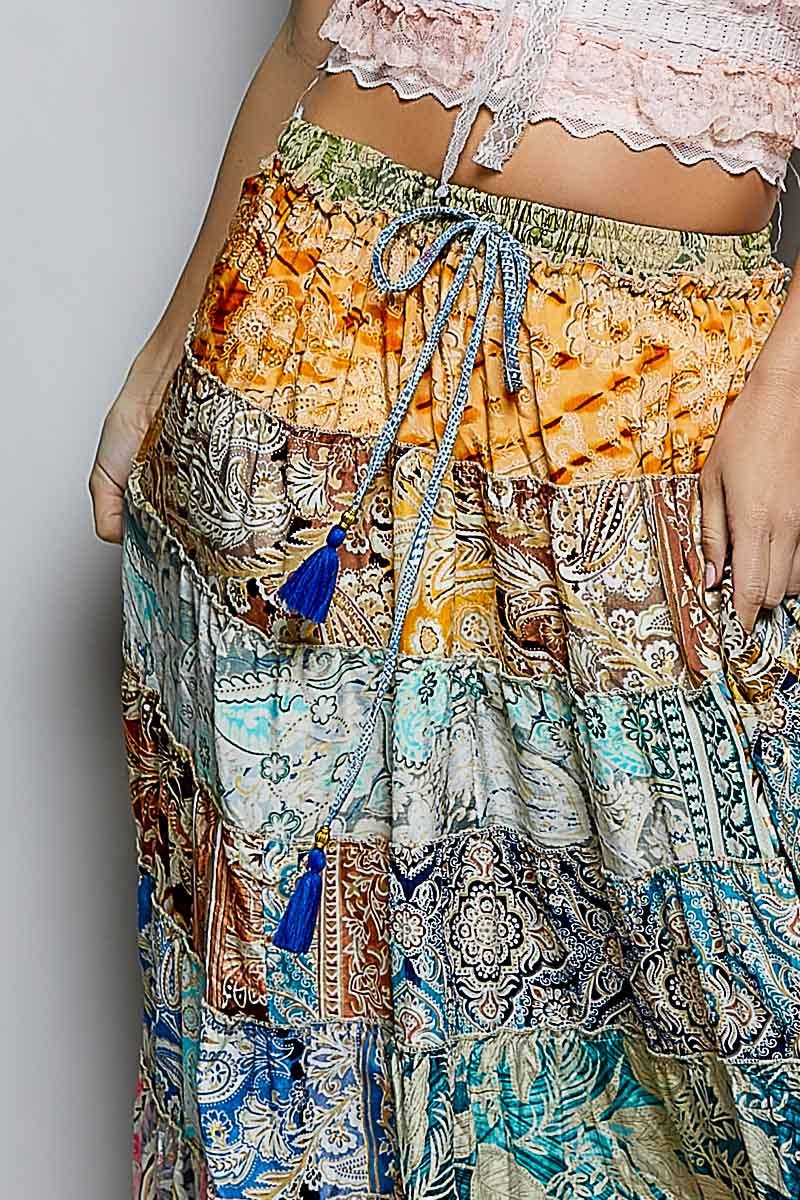 Assorted Print Boho Ruffle Wide Flare Skirt
