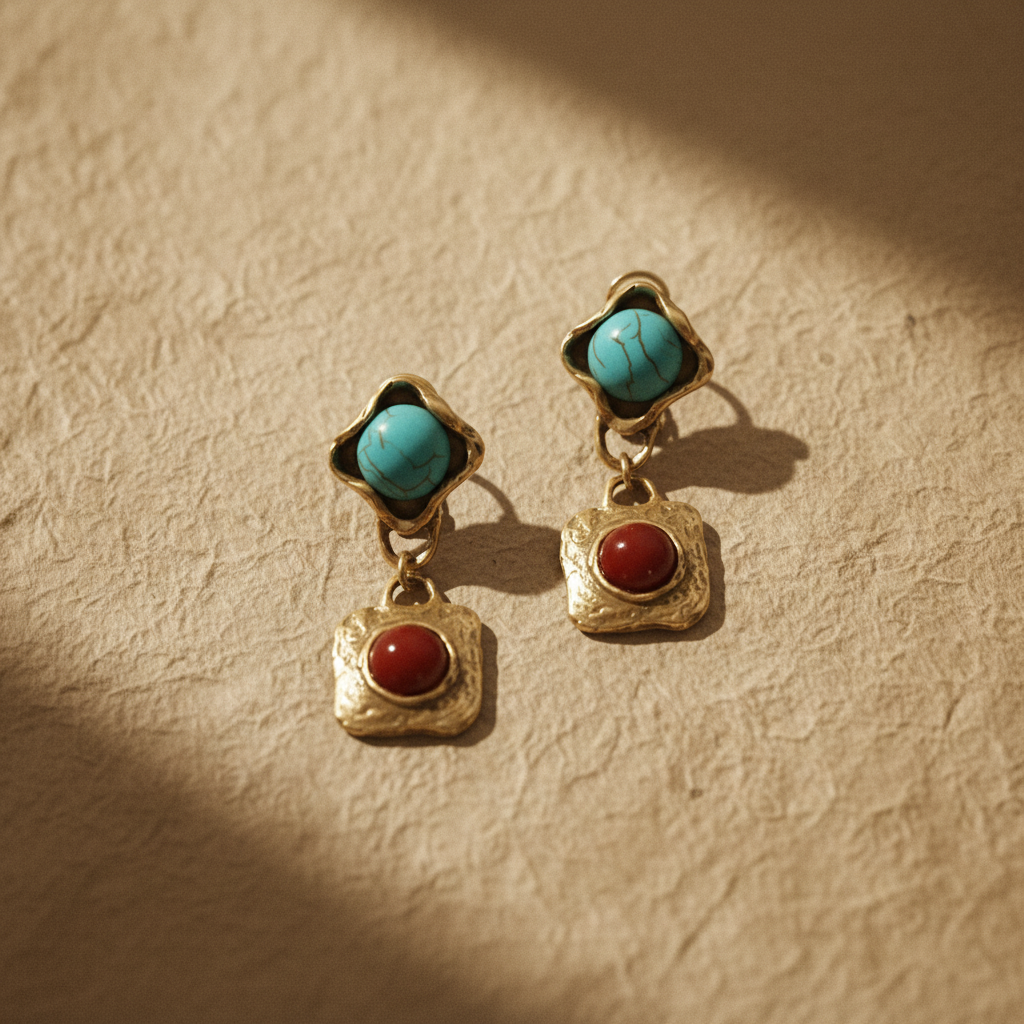 Vintage Gold-Plated Turquoise & Red Agate Dangle Earrings