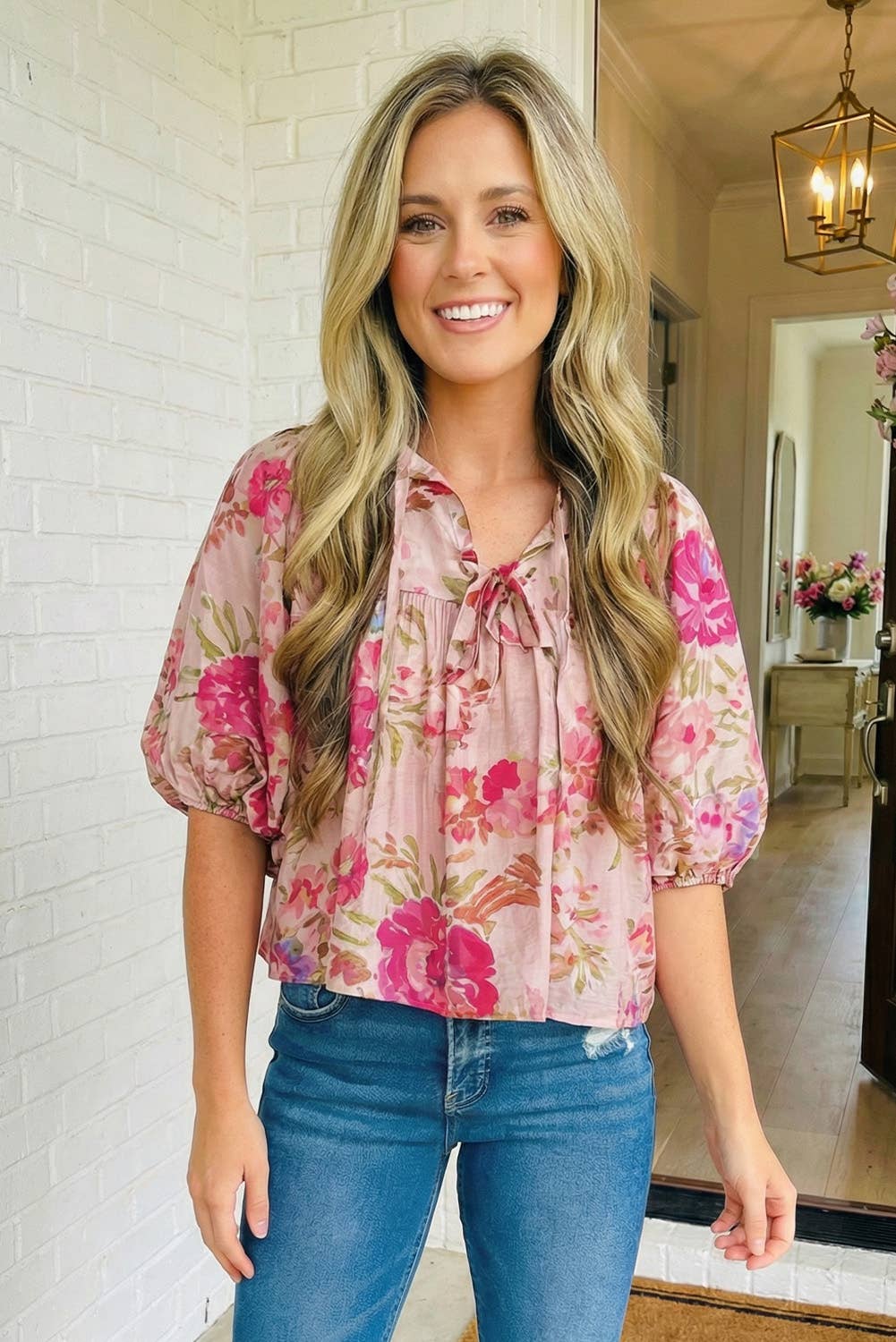 LAS Floral Print Tie Neck Puffy Blouse (S-4X)
