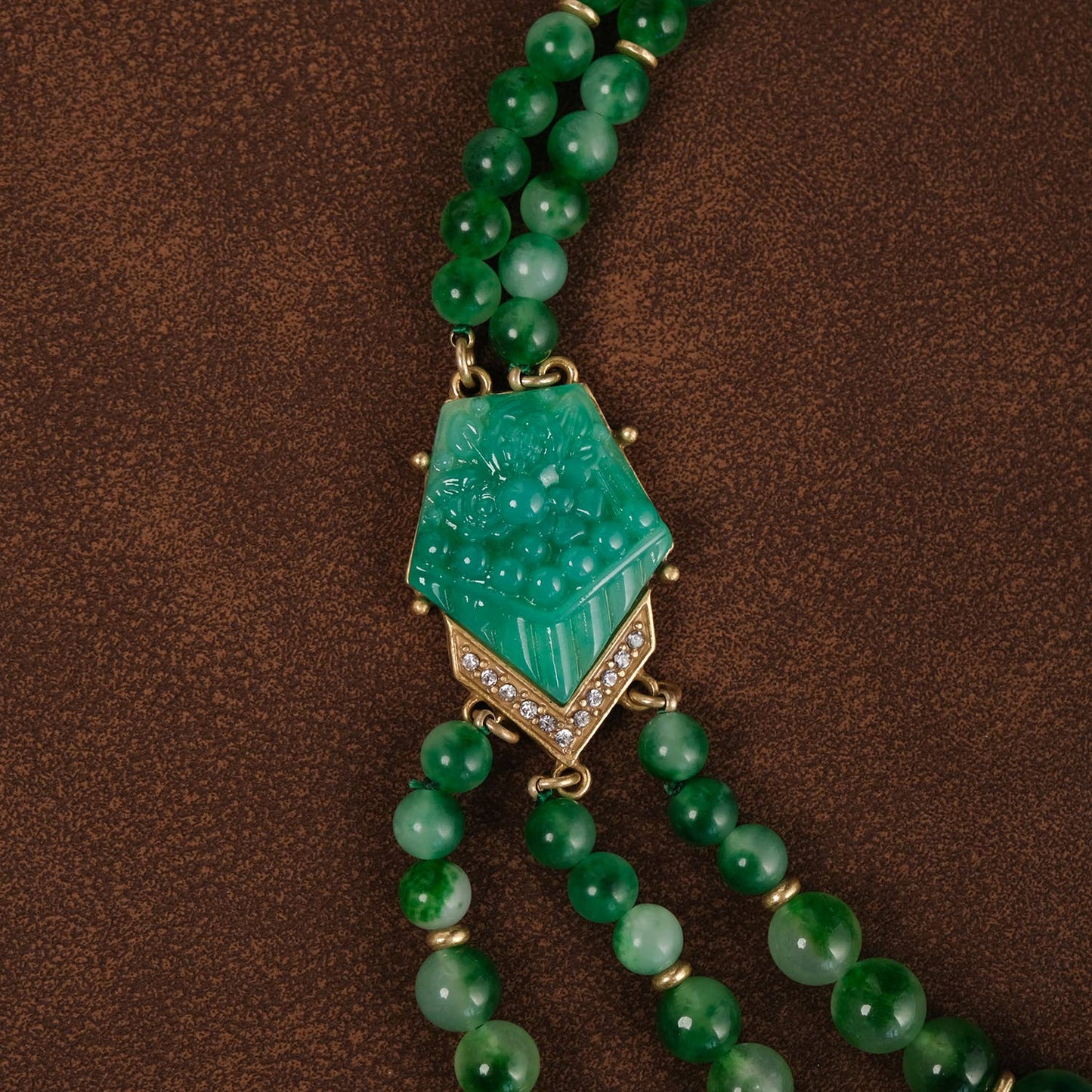 Vintage 18K Gold-Plated Carved Green Gemstone Necklace