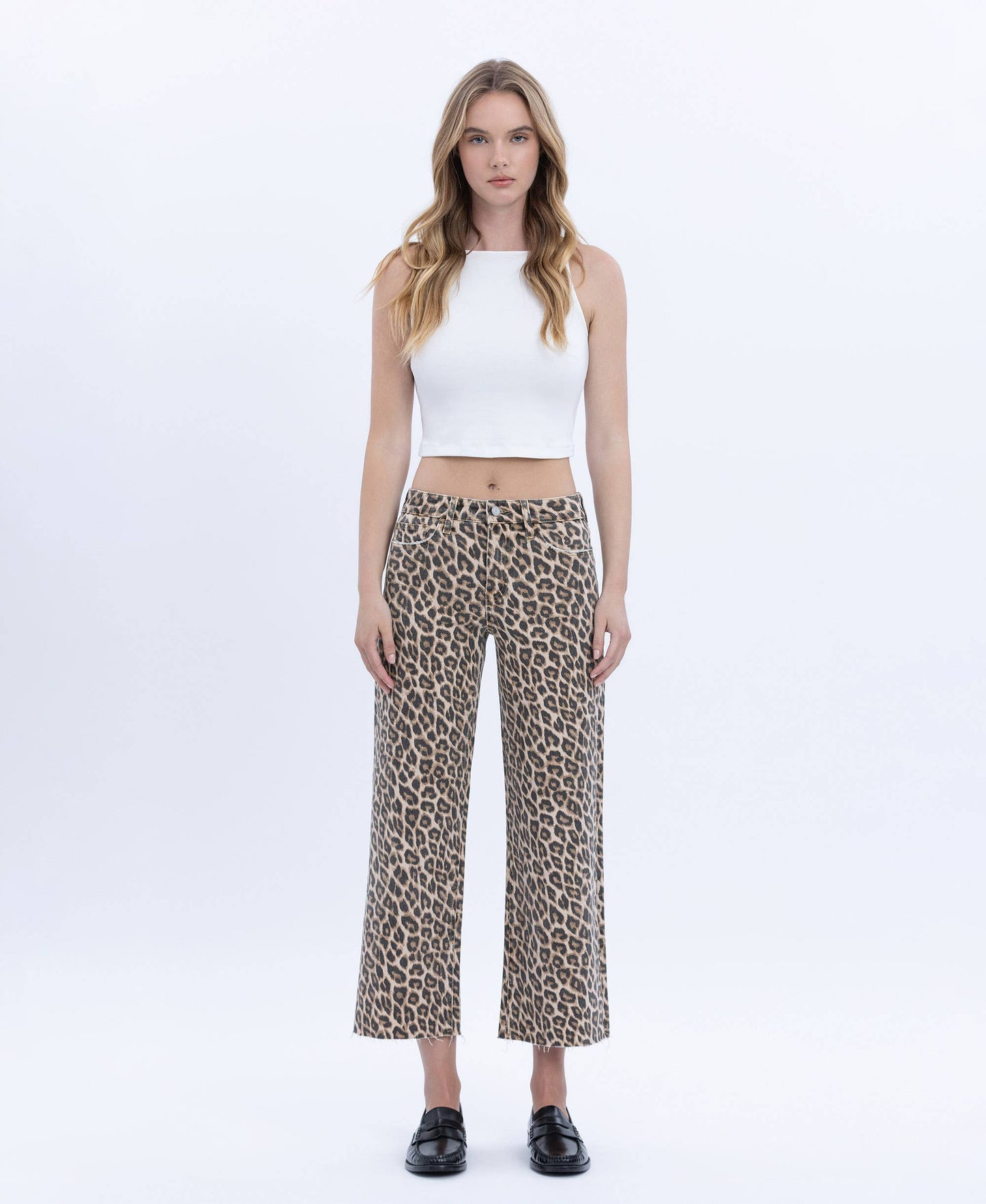 Faded Cheetah Girl Wide Leg High Rise Raw Hem Jean