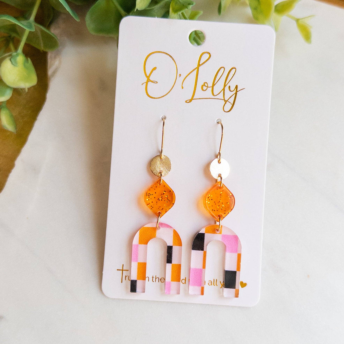 Halloween Gold, Orange & Pink Plaid Arch Earrings “Marlowe”