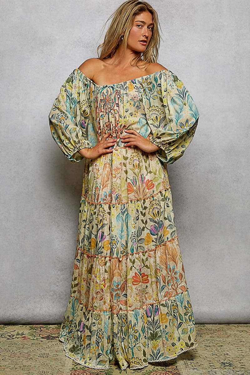 Long Sleeve Shirred Neckline Maxi Length Woven Printed Dress