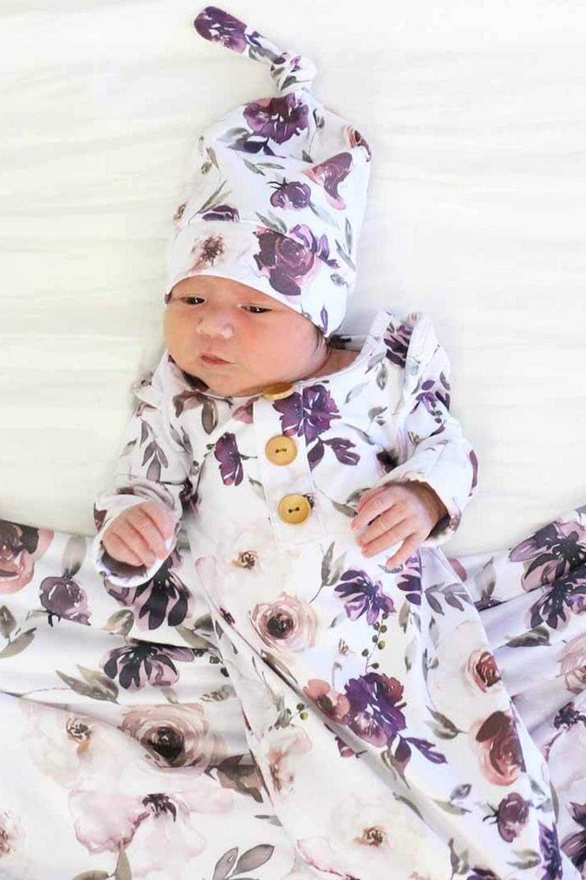 Newborn Baby Knot Gown & Hat Set | Demi's Dusty Purple Floral
