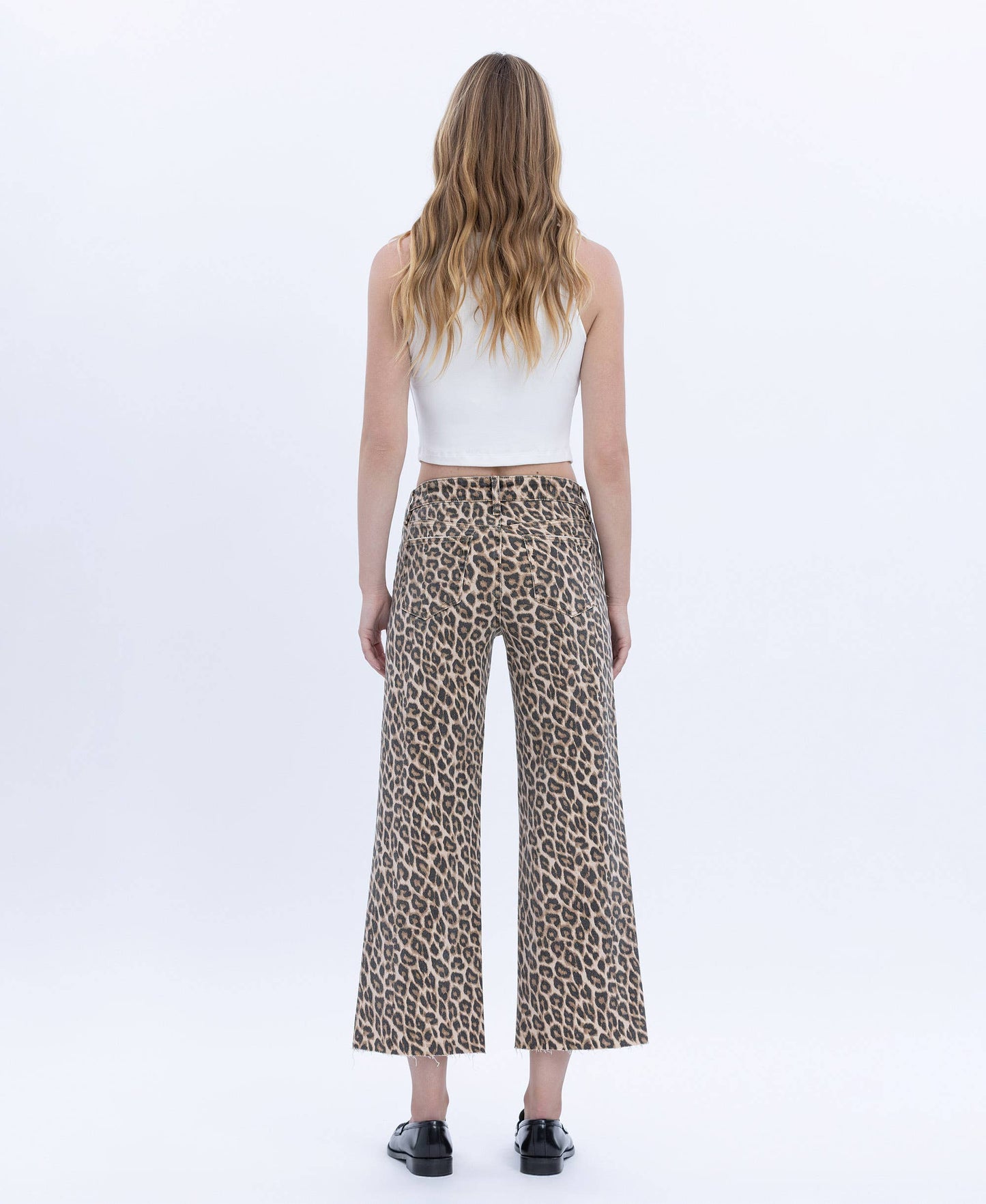 Faded Cheetah Girl Wide Leg High Rise Raw Hem Jean