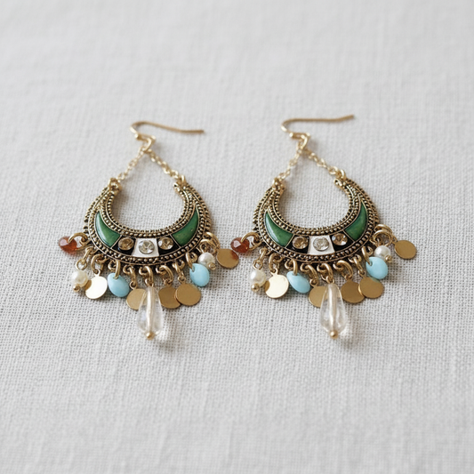 Bohemian Resin Moon Teardrop Tassel Earrings