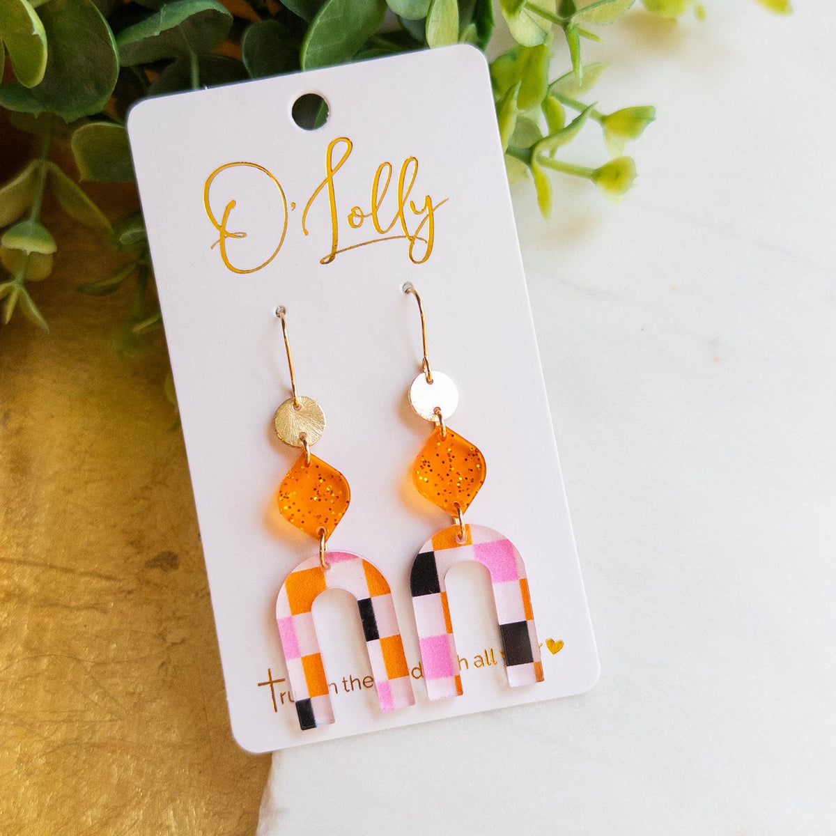 Halloween Gold, Orange & Pink Plaid Arch Earrings “Marlowe”