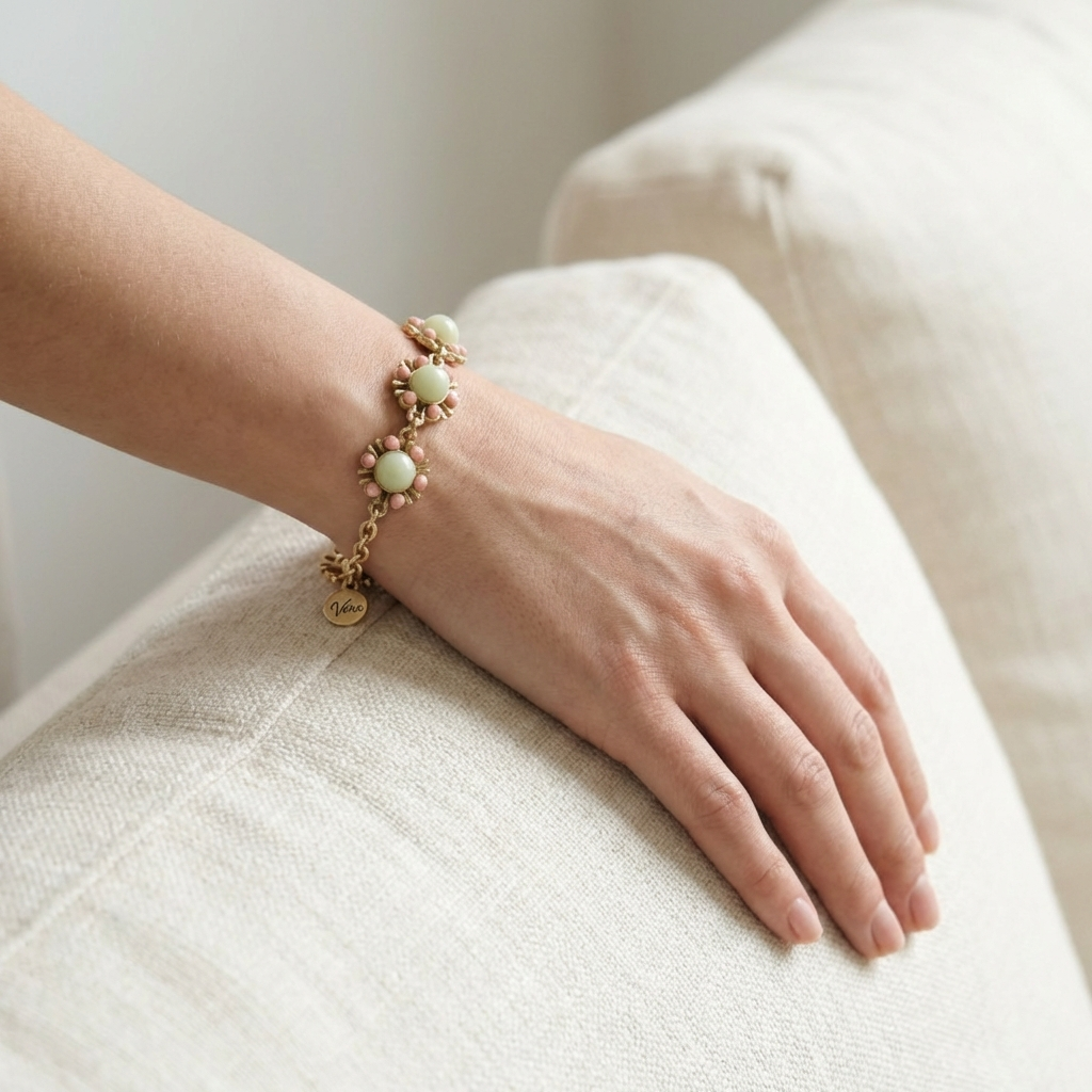Vintage Gold-Plated Natural Amazonite & Pink bead Bracelet