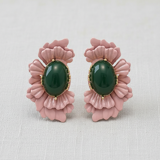 Retro Oval Glass Bead Flower Earrings