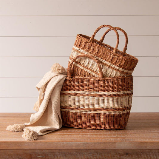 Tan/Cream Striped Wicker Basket (2 Sizes)