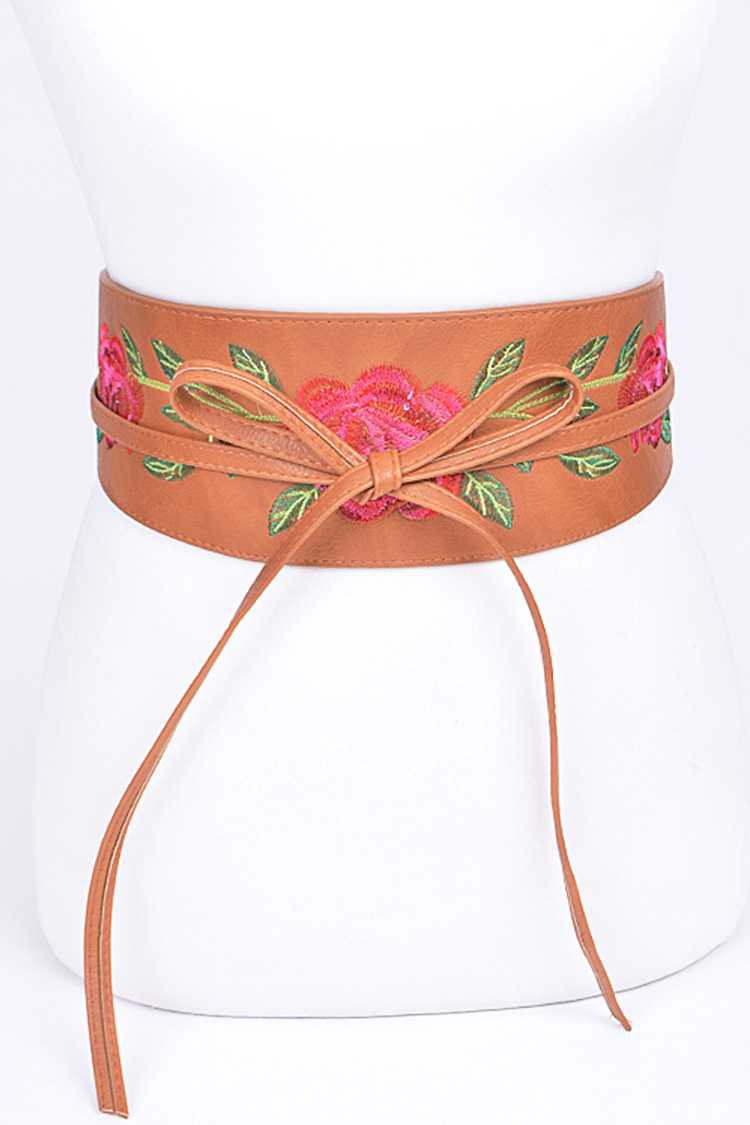 Embroidered Faux Leather Wrap Belt 2 Colors