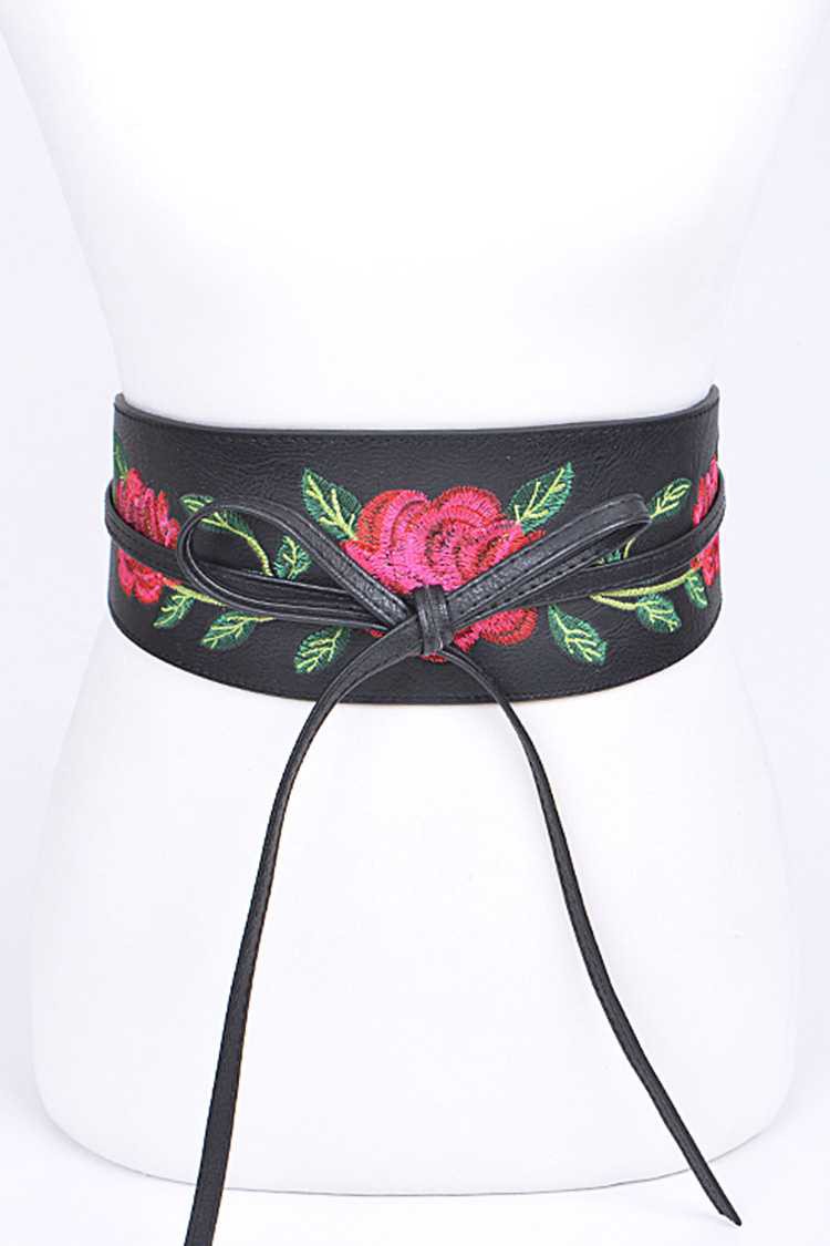 Embroidered Faux Leather Wrap Belt 2 Colors