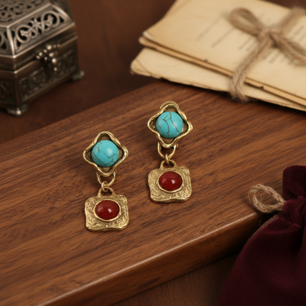 Vintage Gold-Plated Turquoise & Red Agate Dangle Earrings