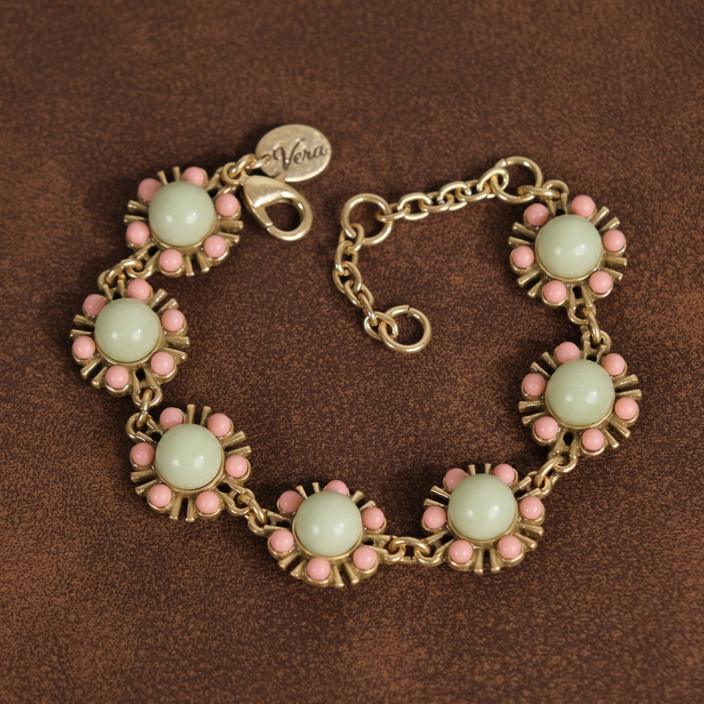 Vintage Gold-Plated Natural Amazonite & Pink bead Bracelet