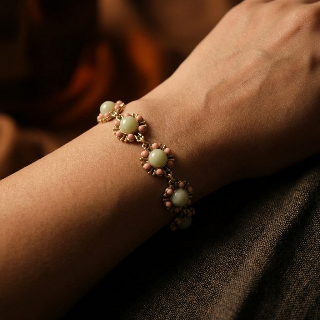 Vintage Gold-Plated Natural Amazonite & Pink bead Bracelet