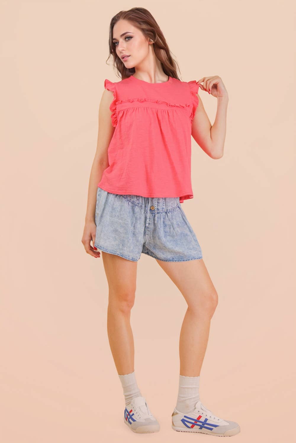 Westbound Washed Chambray Button Down Flare Shorts
