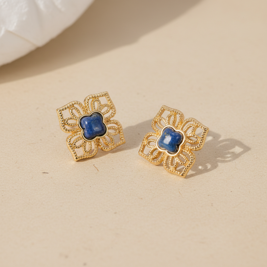 Vintage 18K Gold Plated Natural Lapis Lazuli Clover Earrings