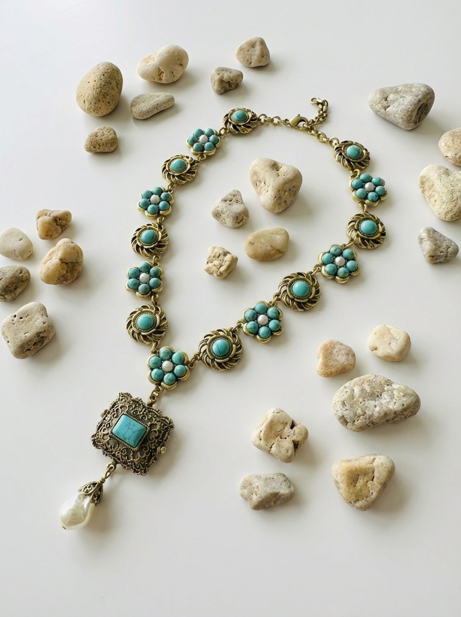 Vintage Turquoise & Natural Baroque Pearl Pendant Necklace