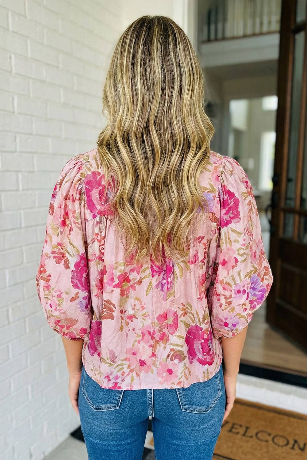 LAS Floral Print Tie Neck Puffy Blouse (S-4X)