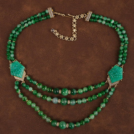 Vintage 18K Gold-Plated Carved Green Gemstone Necklace