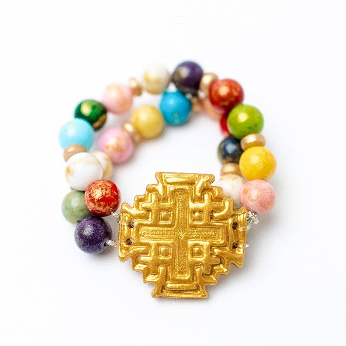 Multicolored Jade Double Strand with Jerusalem Cross Bracele