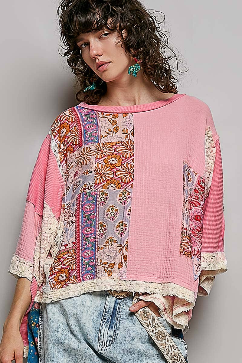 Round Neck Double Gauze Floral Woven Top