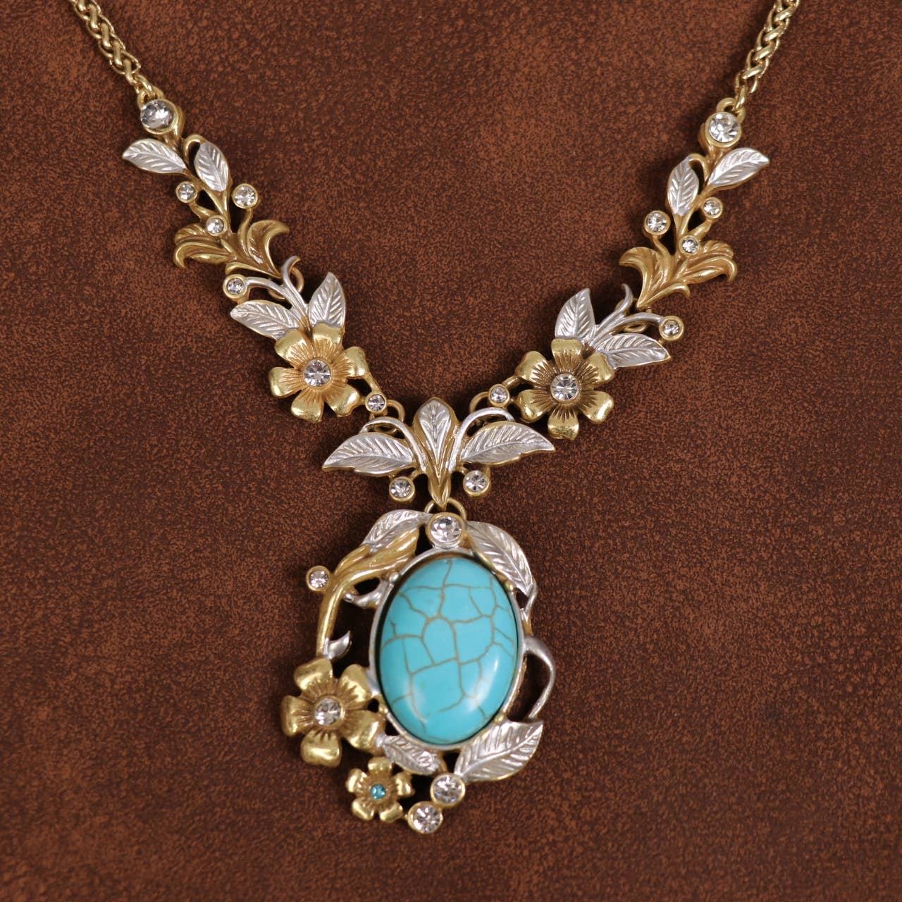Vintage 18K Gold Plated Turquoise Floral Pendant Necklace