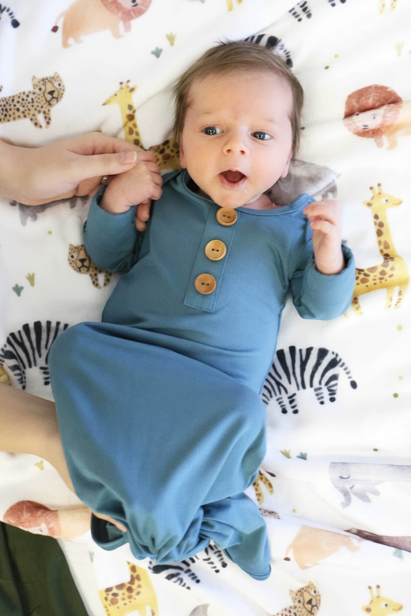 Bamboo Baby Knot Gown & Hat | Solid Dusty Blue