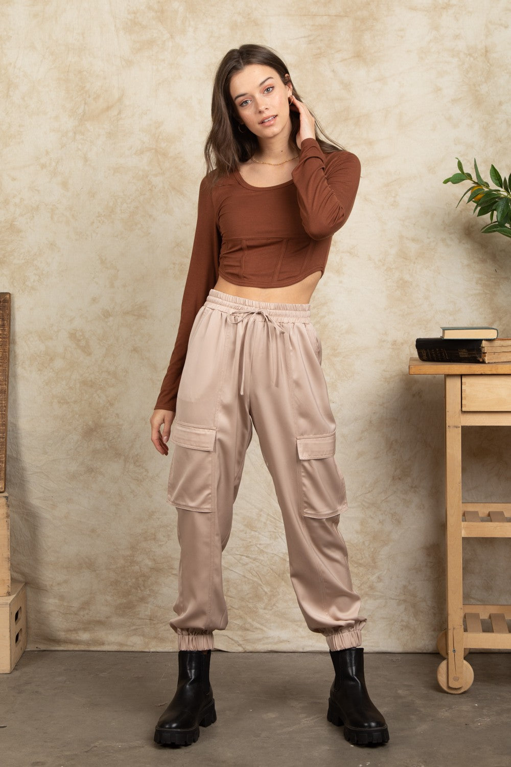 The Kim Cargo Jogger Pants in Champagne (Small-Large)