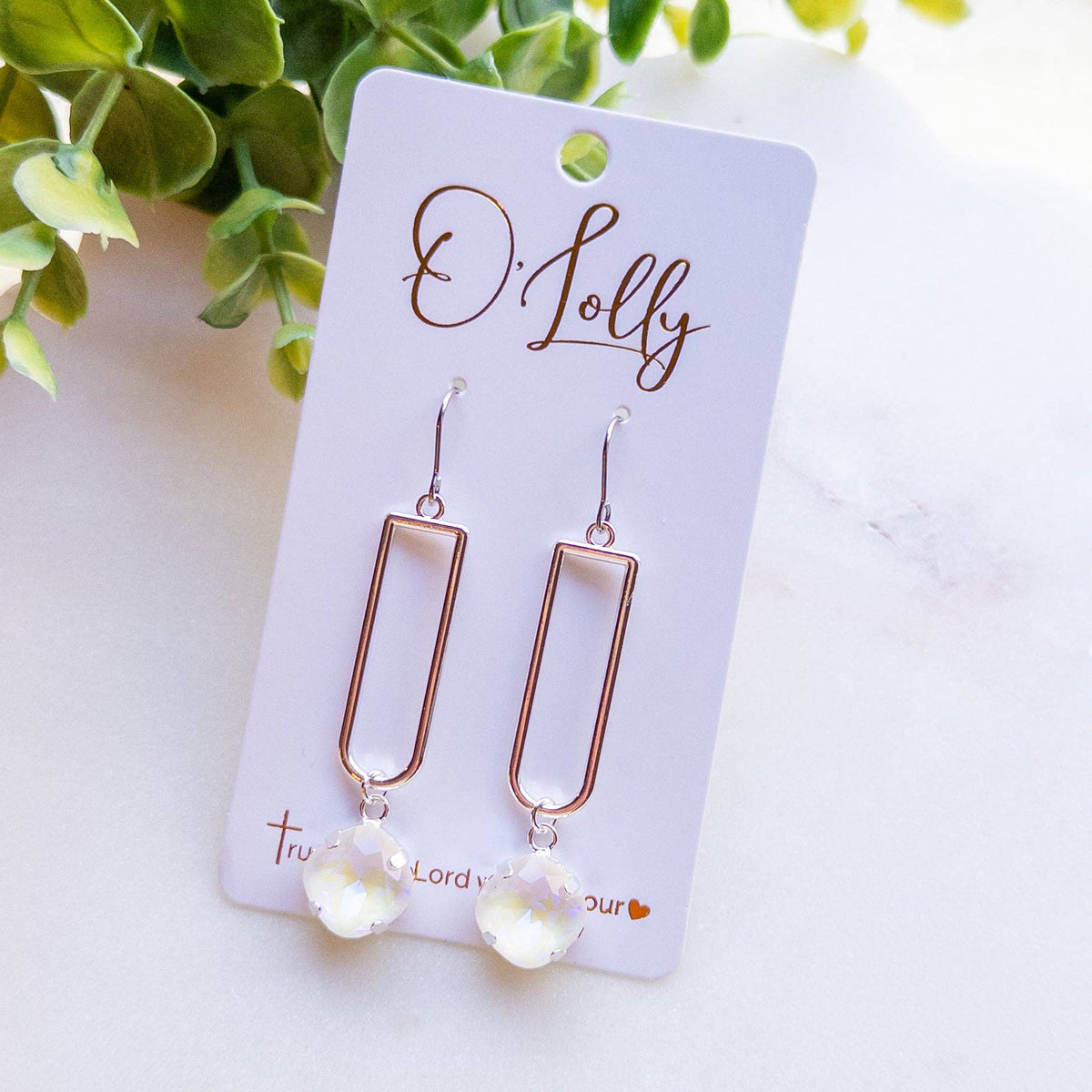 Silver Open Rectangle Crystal Drop Earrings