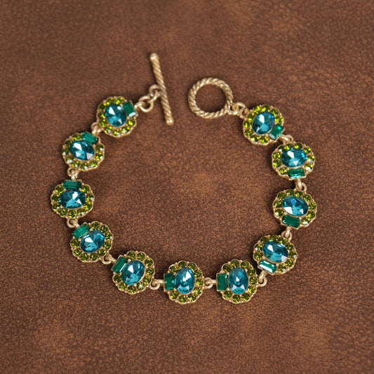 Vintage 18K Gold Plated Blue&Green Crystal Flower Bracelet