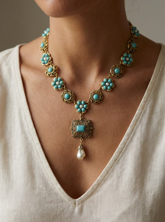 Vintage Turquoise & Natural Baroque Pearl Pendant Necklace