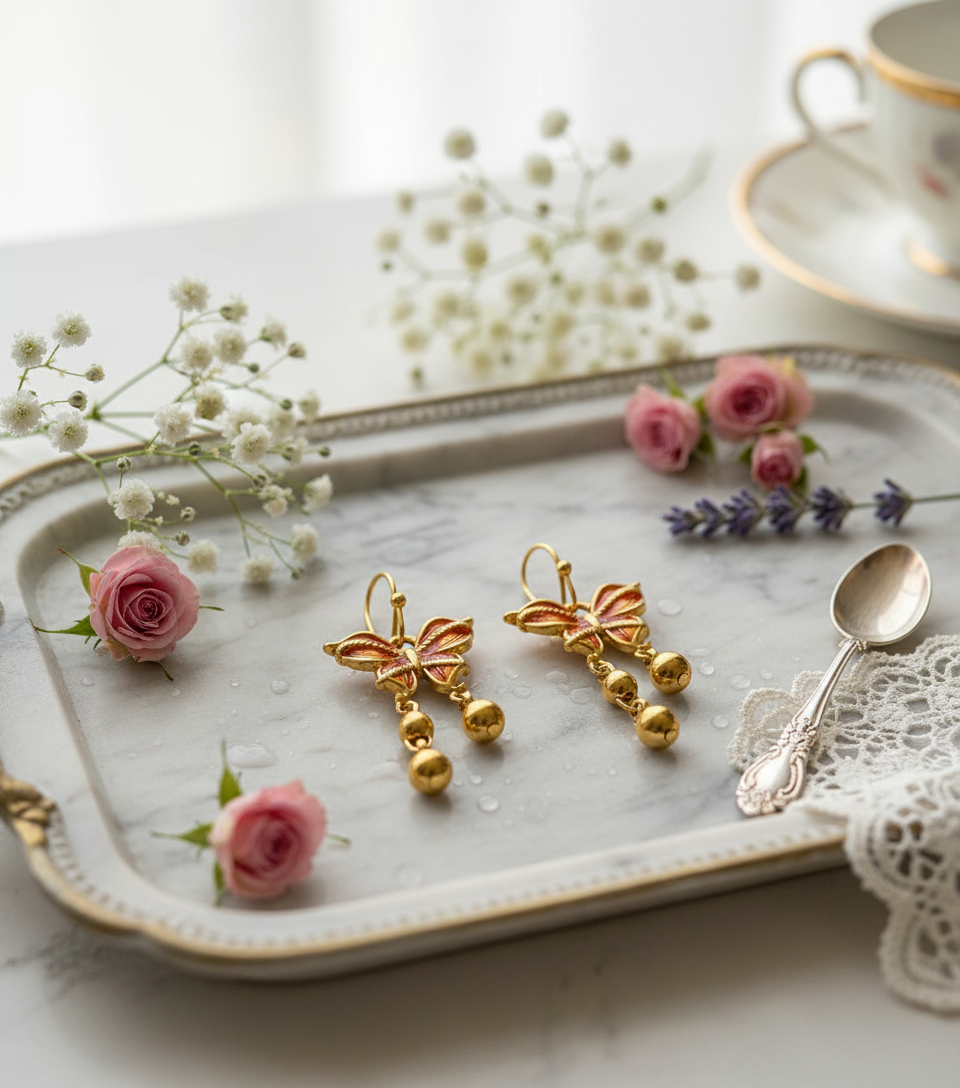 Hand-Painted Enamel Butterfly Gold-Plated Drop Earrings