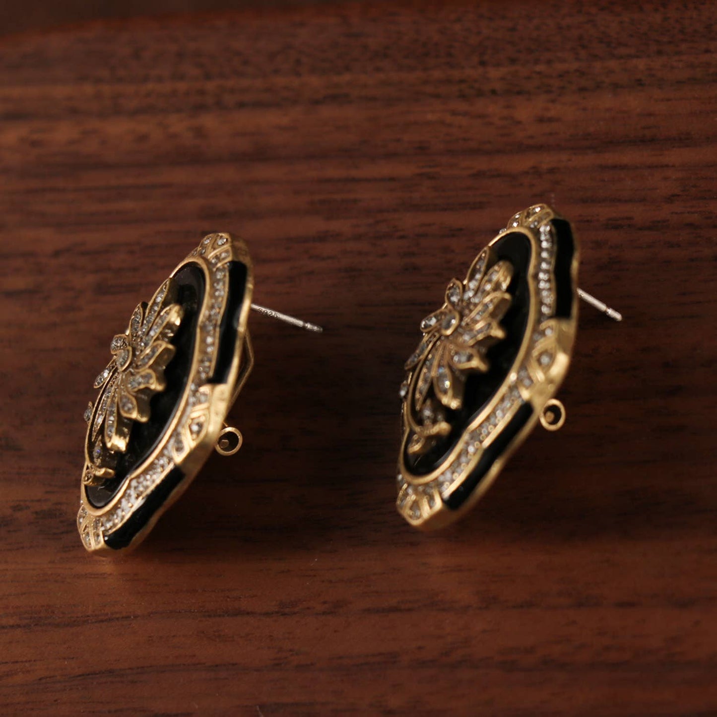 Vintage Enamel Black and Gold Floral Earrings with Crystal