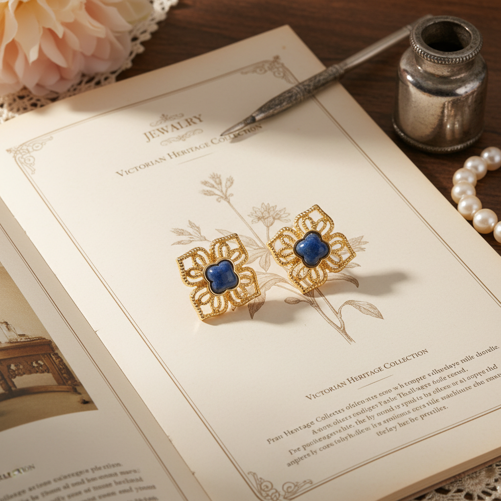 Vintage 18K Gold Plated Natural Lapis Lazuli Clover Earrings