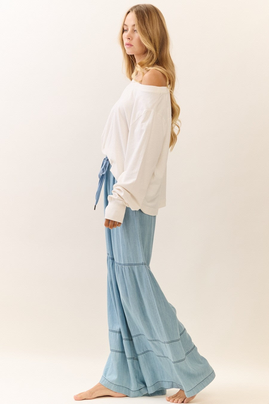 Washed Denim Tiered Wide Leg Pants