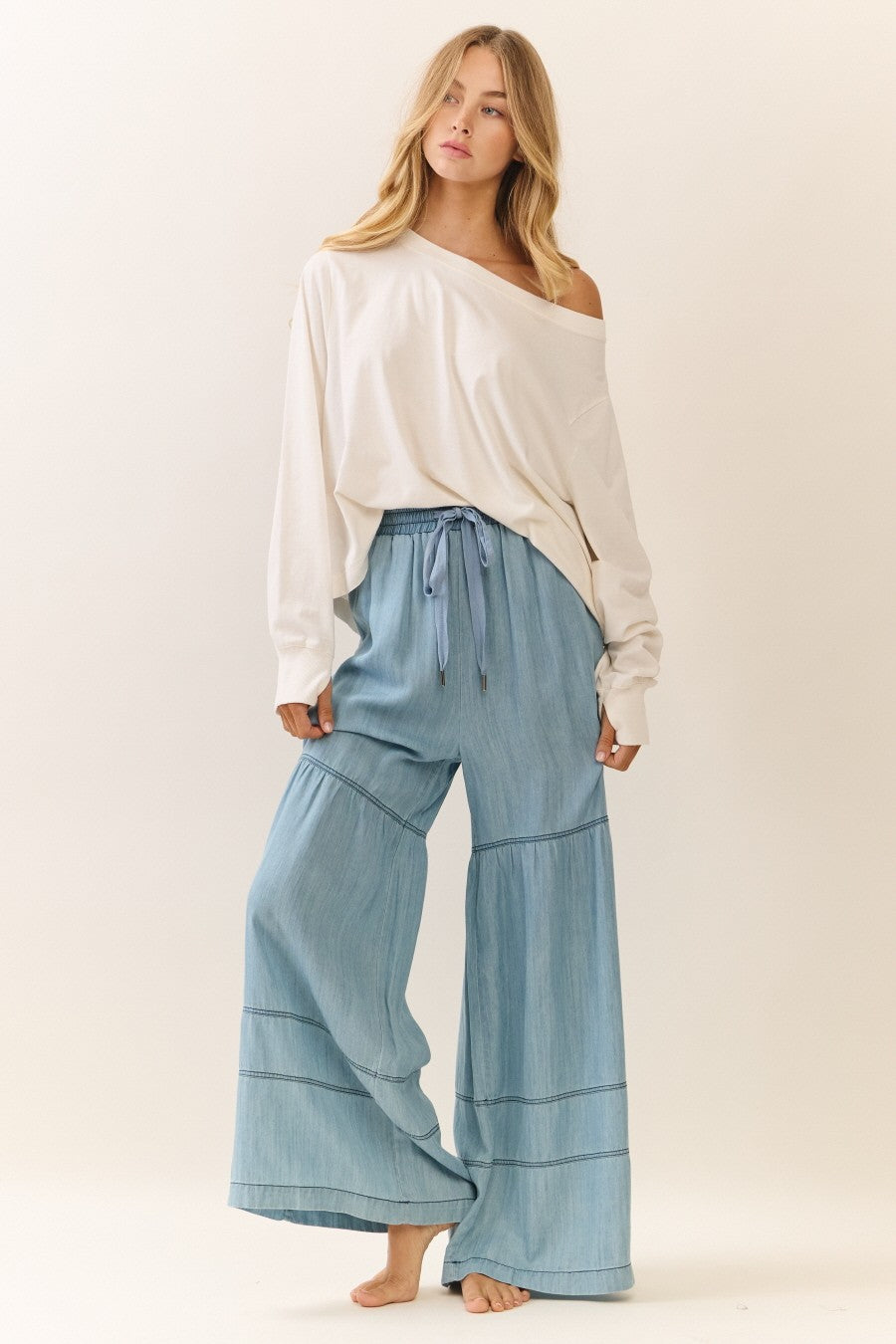Washed Denim Tiered Wide Leg Pants