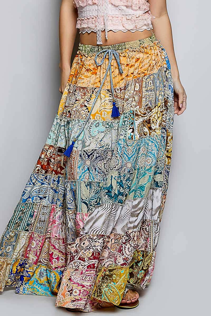 Assorted Print Boho Ruffle Wide Flare Skirt