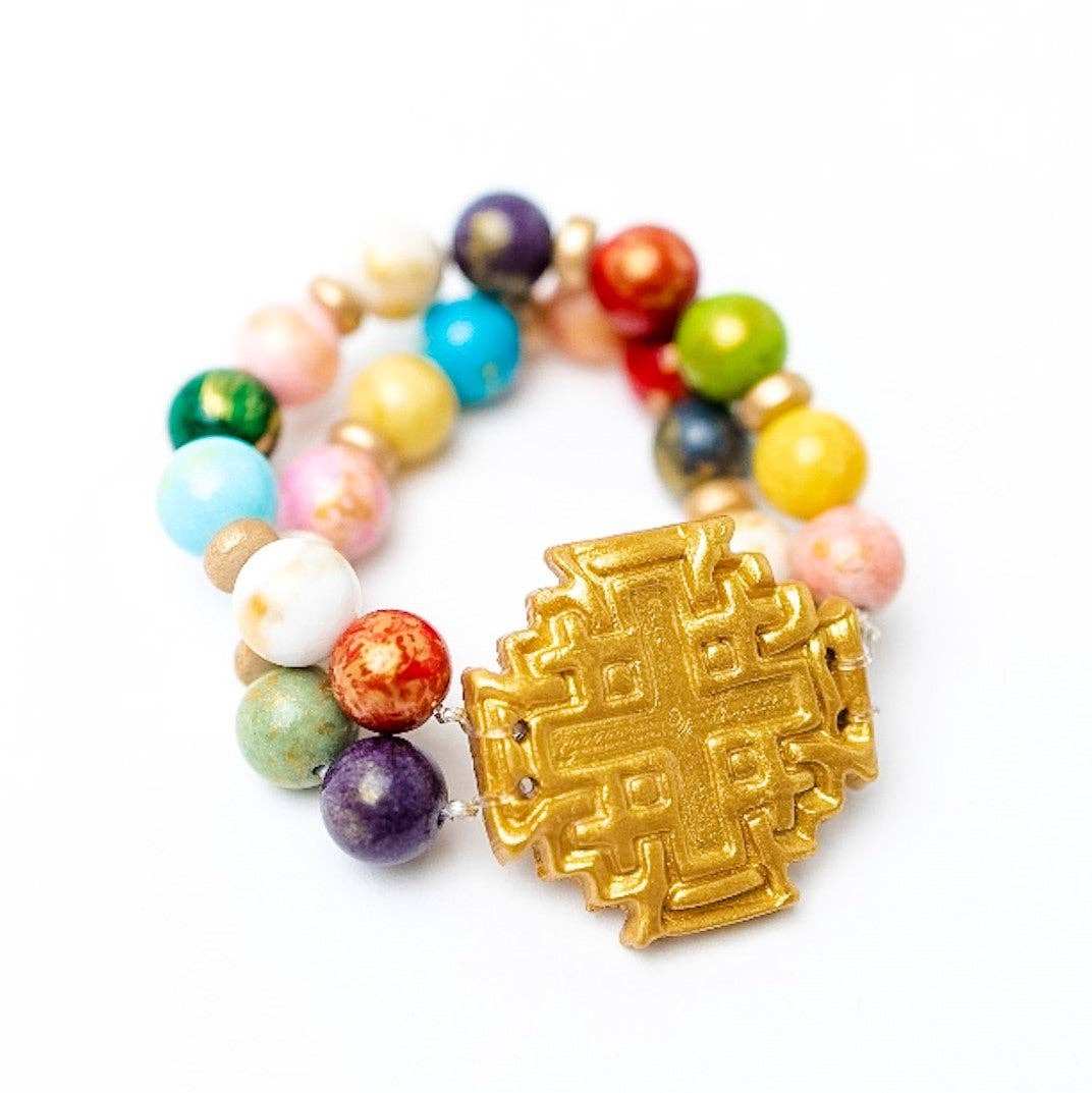 Multicolored Jade Double Strand with Jerusalem Cross Bracele