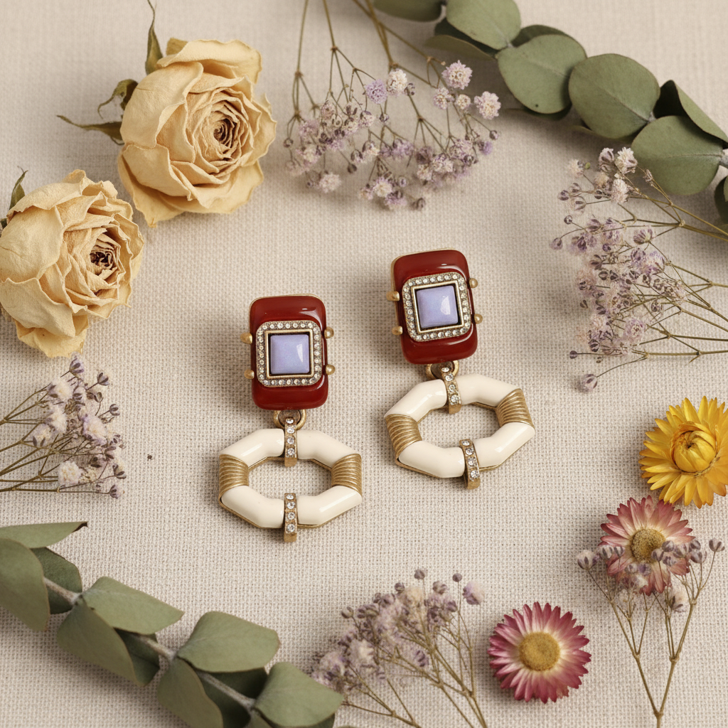 Vintage Gold-Plated Purple Stone & Enamel Dangle Earrings