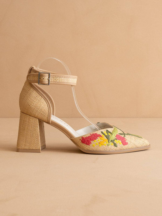 The Monet | Wheat Embroidered Raffia Block Heel