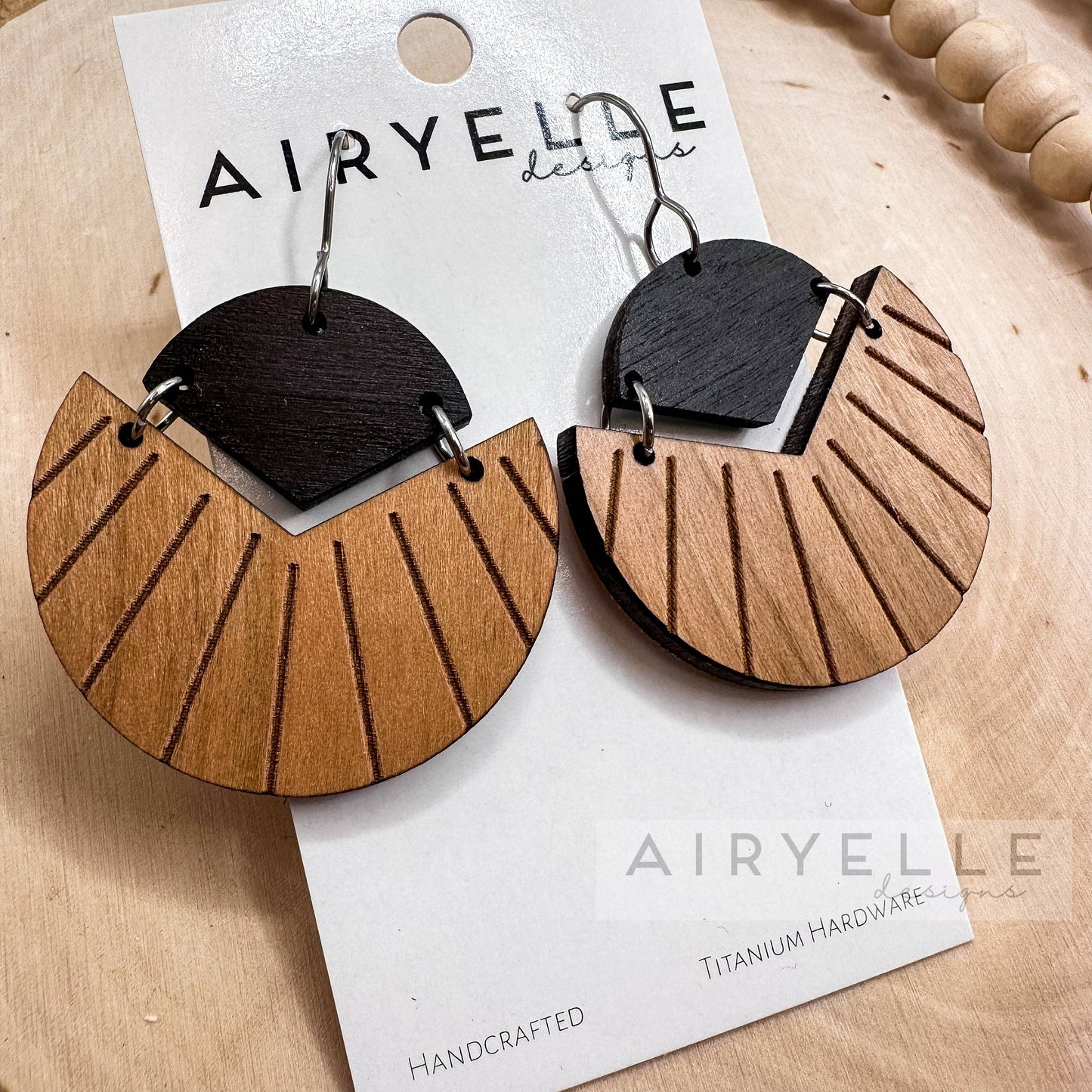 Round Angled Walnut + Black Wood Dangle Earrings